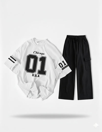 The Varsity Noir Set: White '01' Oversized Tee & Black Wide-Leg Cargo Trouser