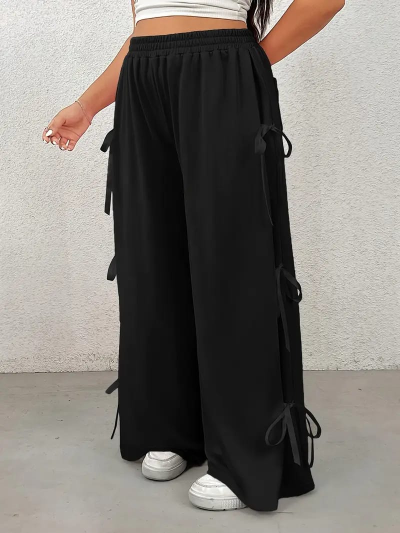Wide Leg Black Jogger Trouser with Side Bow-BLACK