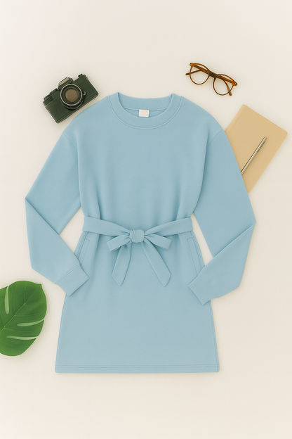 Chic Sky Blue Longline Belted Sweatshirt With Side Pockets