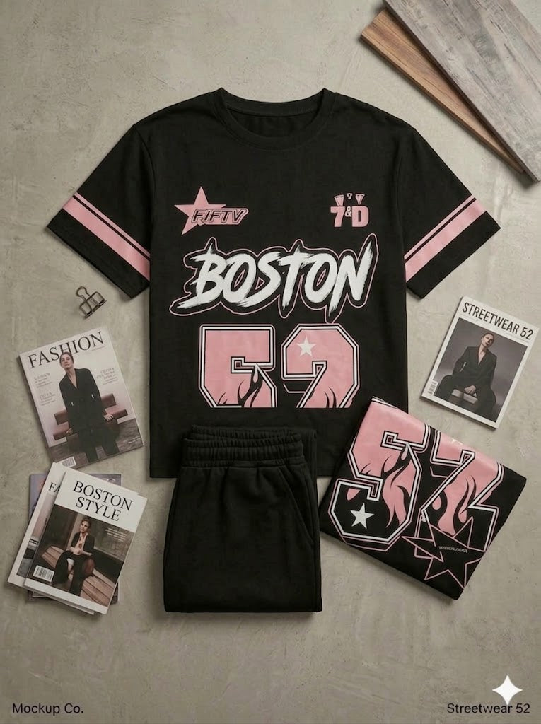 Unisex Black Boston 52 Graphic Oversized Streetwear Co-Ord Set