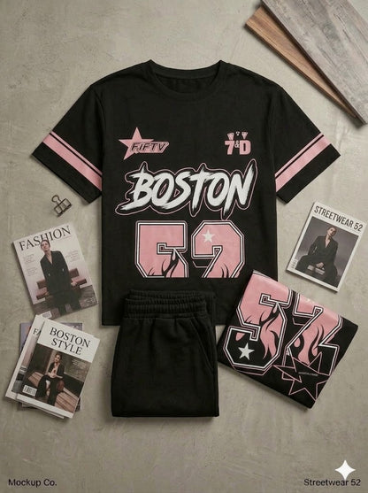 Unisex Black Boston 52 Graphic Oversized Streetwear Co-Ord Set