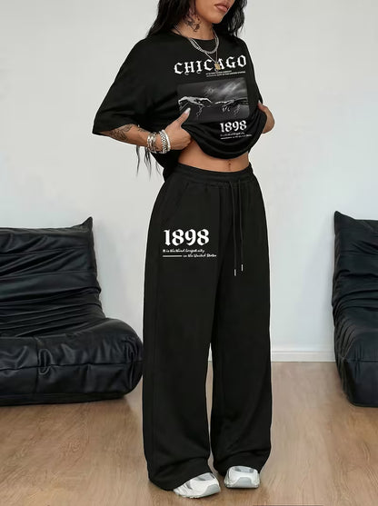Black Oversized Chicago 1898 Co-Ord Set – Dropped Shoulder Tee & Wide Leg Trouser