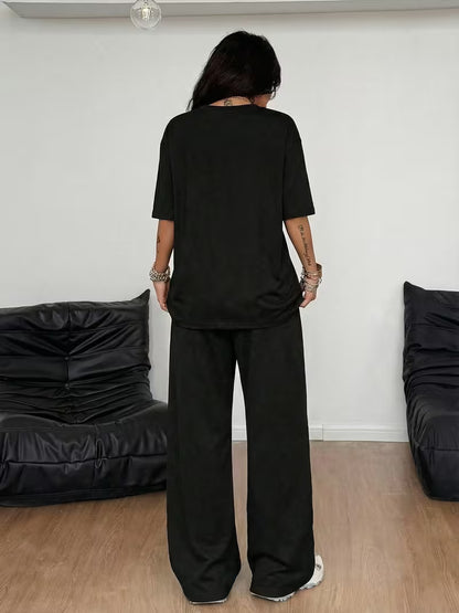 Black "NY" Graphic Printed Oversized Tee & Black Wide-Leg Trouser Co-ord Set