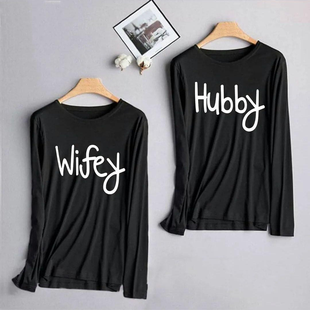 Wifey & Hubby Matching Couple Long Sleeve T-Shirts – Black