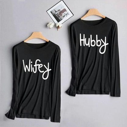 Wifey & Hubby Matching Couple Long Sleeve T-Shirts – Black