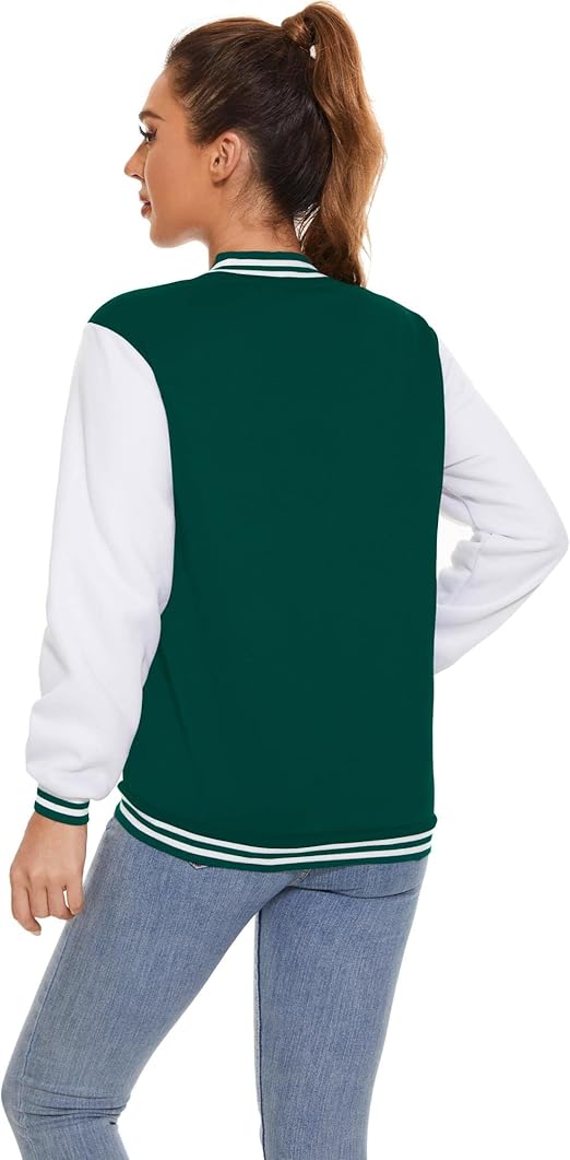 Women's Green White Classic Varsity Baseball Jacket – Retro Street Style Outerwear