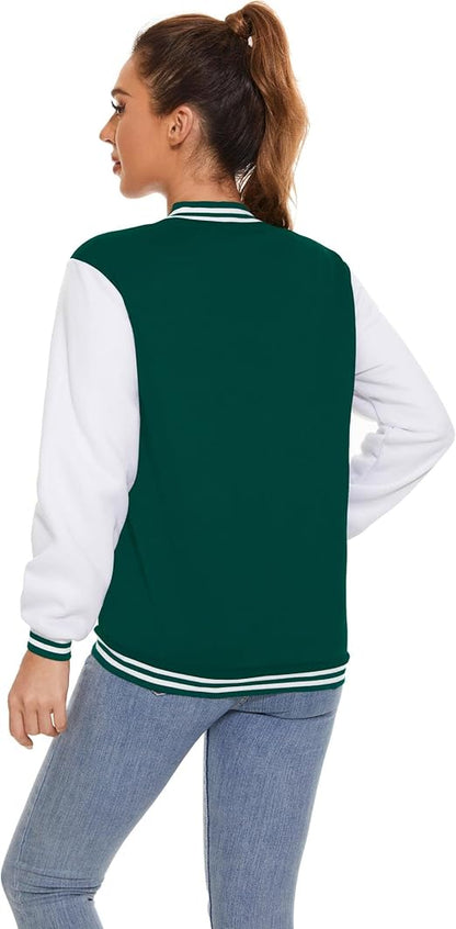 Women's Green White Classic Varsity Baseball Jacket – Retro Street Style Outerwear