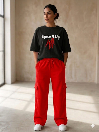 "Classic Black Spice It Up" Graphic Tee & Red Cargo Loungewear Set