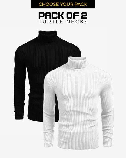 Bundle Of 2 - Classic Ribbed Knit Highneck Winter Shirt - Black/White