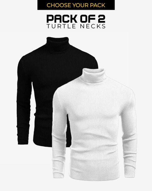 Bundle Of 2 - Classic Ribbed Knit Highneck Winter Shirt - Black/White
