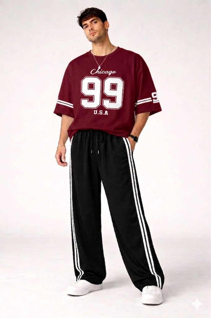 MAROON VARSITY CHICAGO 99 OVERSZIED TEE WITH BLACK STRIPES BAGGY TROUSER  TRACK SET
