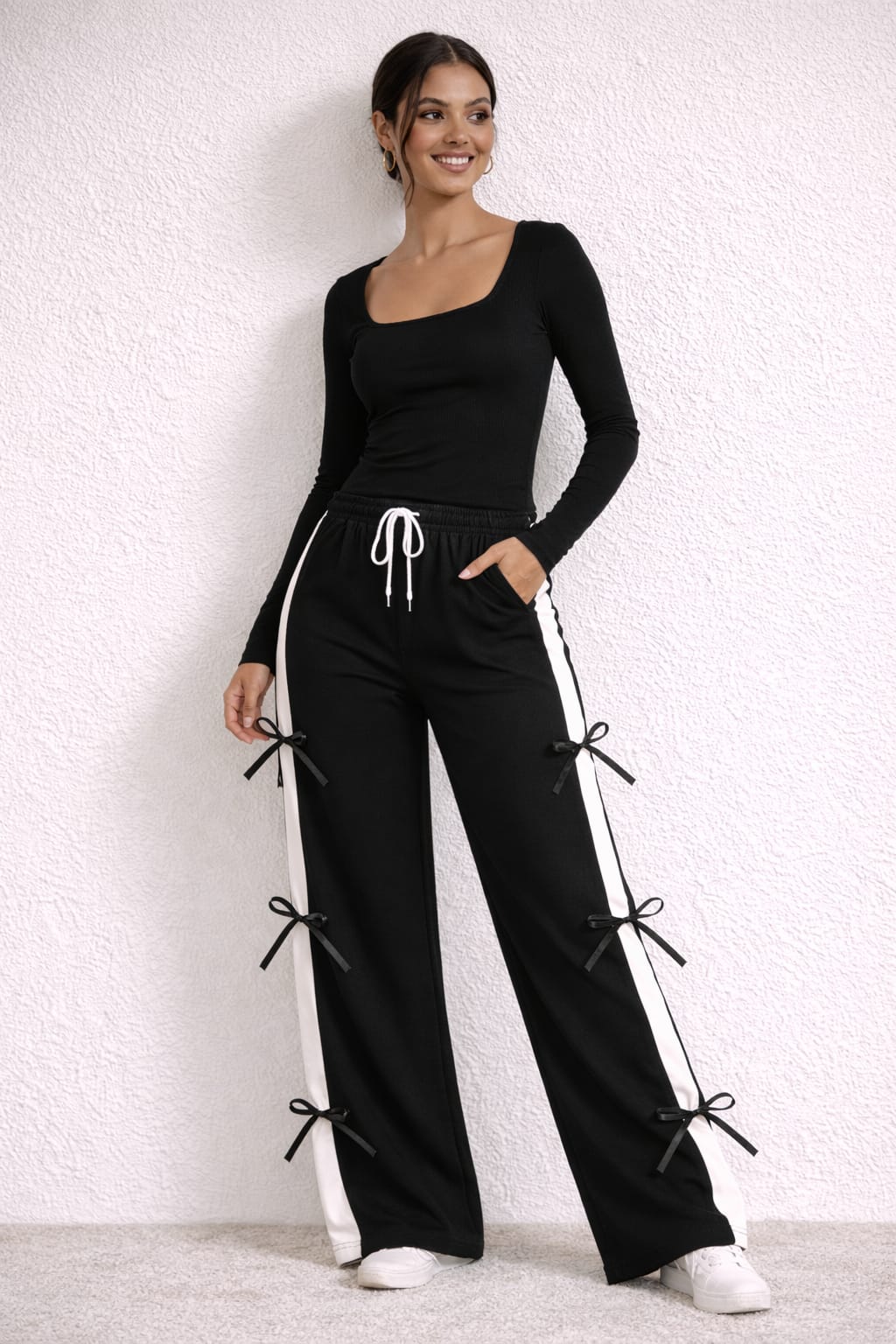 Ribbon Contrast – BLACK Square Neck Top & Black Side Ribbon Wide-Leg Coord Set
