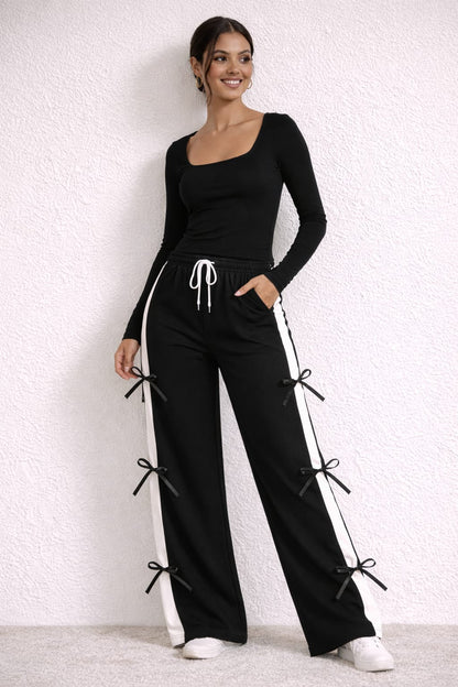 Ribbon Contrast – BLACK Square Neck Top & Black Side Ribbon Wide-Leg Coord Set