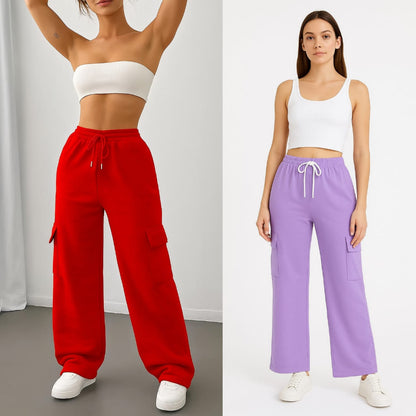 Women’s Wide Leg Cargo Trousers – Pack of 2 (Red & Lilac)