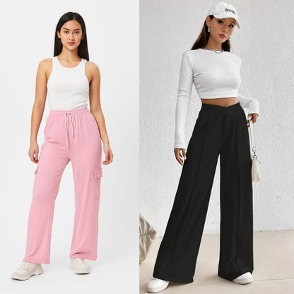 Pack of 2 - -Pink Wide Leg Cargo Baggy Trouser & Black Piping Wide Leg Trouser