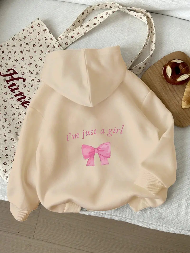 “I’m Just a Girl” Bow Print Hoodie – Soft Aesthetic