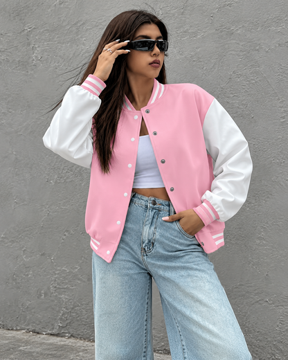 Women's Baby Pink & White Varsity Baseball Jacket – Trendy College Style