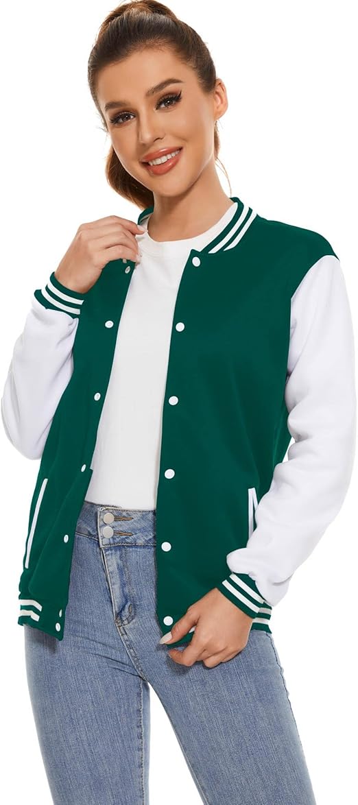 Women's Green White Classic Varsity Baseball Jacket – Retro Street Style Outerwear