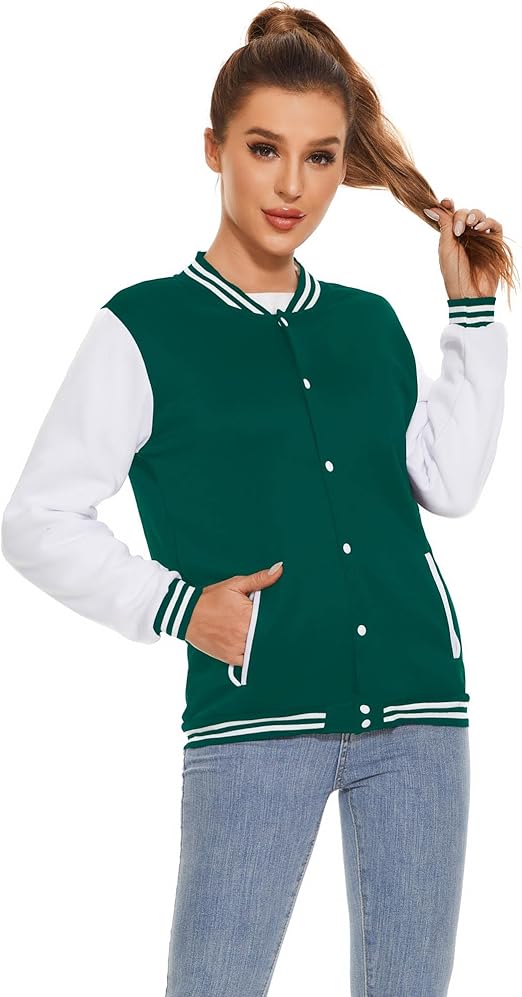 Women's Green White Classic Varsity Baseball Jacket – Retro Street Style Outerwear