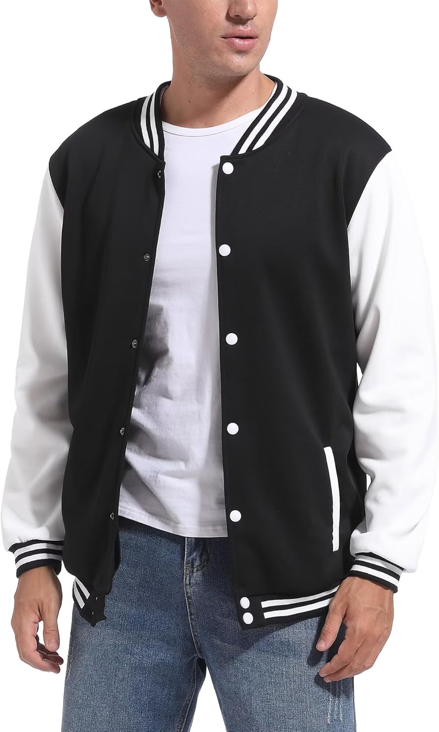 Men's Black White Classic Varsity Baseball Jacket – Retro Street Style Outerwear