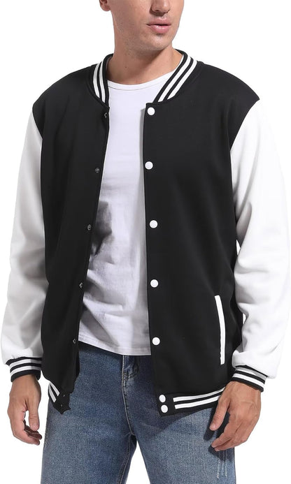 Men's Black White Classic Varsity Baseball Jacket – Retro Street Style Outerwear