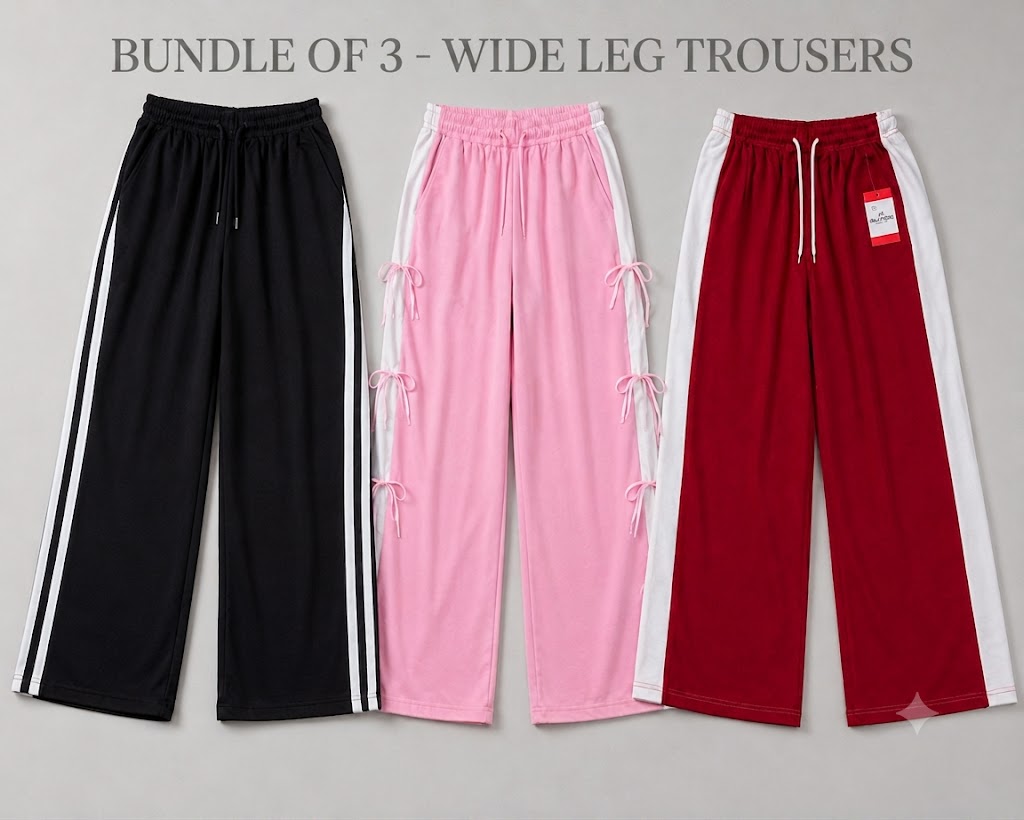 Bundle of 3 Premium Fine Quality Wide Leg Trousers for Women | PINK,BLACK,RED Casual Comfort Collection