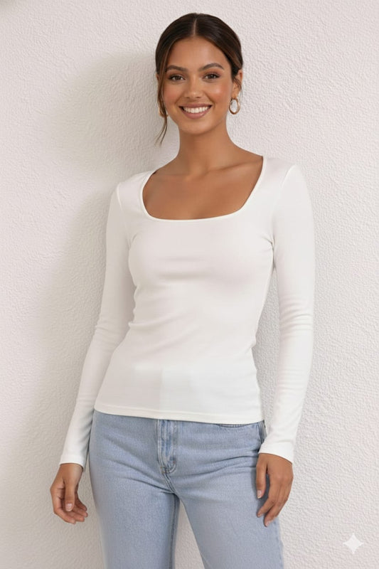 White Ribbed Square Neck Full Sleeve Fitted Top