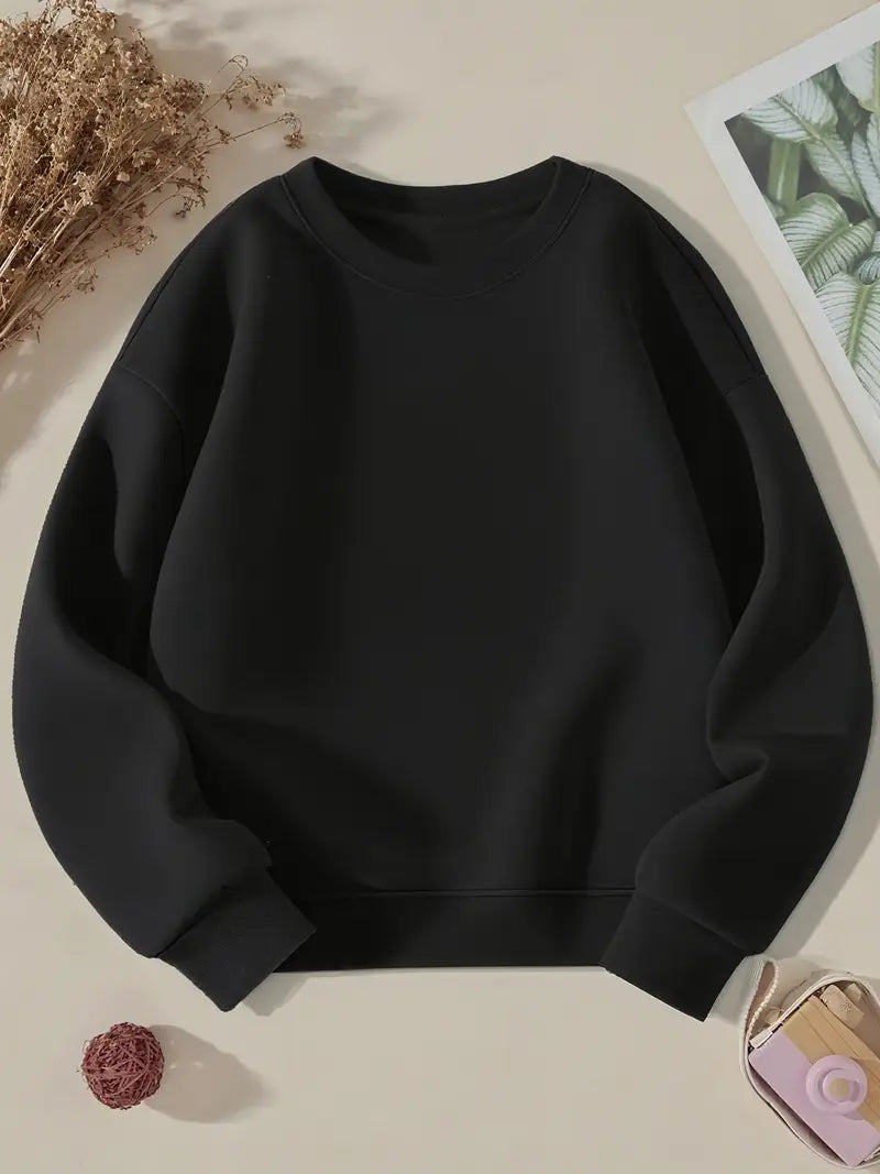 Cozy Essential Plain Fleece Sweatshirt - Black