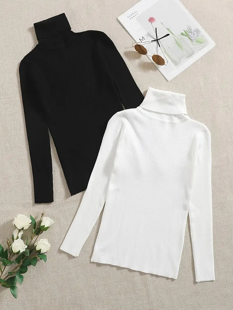 bundle of 2- Winter Essentials Ribbed Turtle Neck Shirt,,- BLACK/WHITE