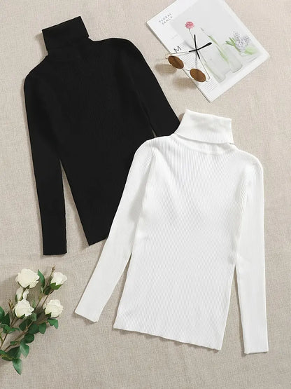 bundle of 2- Winter Essentials Ribbed Turtle Neck Shirt,,- BLACK/WHITE