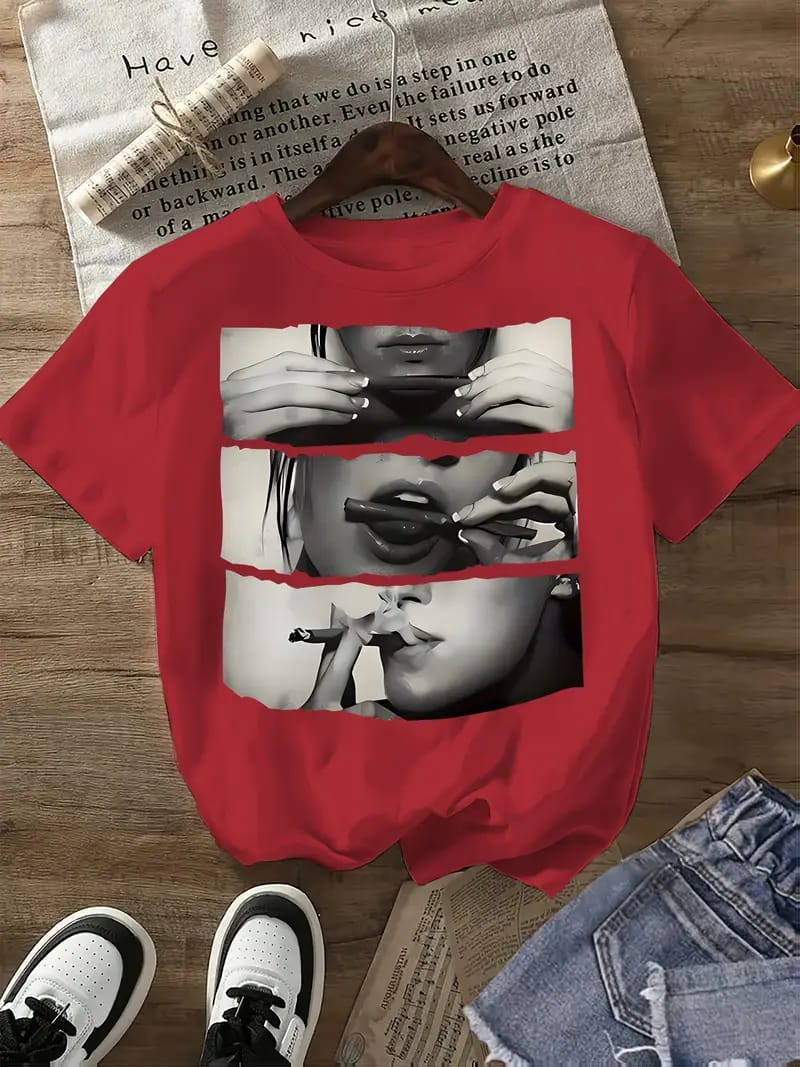 Women's Drop Shoulder Graphic Tee – Smoking Lips Print