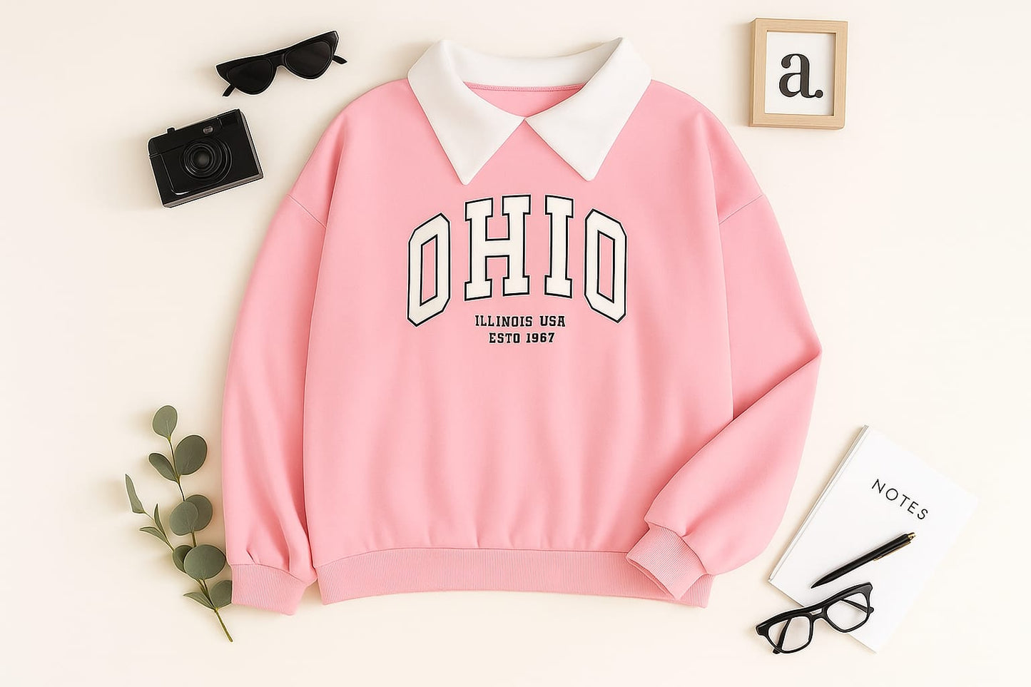 Oversized Baby Pink Sweatshirt with Classic Collar & Ohio Print