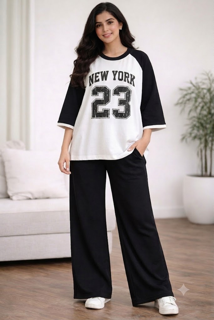 Black Raglan New York 23 Oversized & Wide-Leg Trouser Co-Ord Set – Black & White