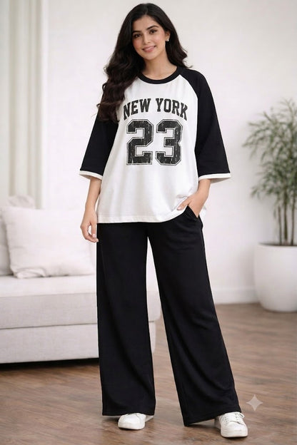 Black Raglan New York 23 Oversized & Wide-Leg Trouser Co-Ord Set – Black & White