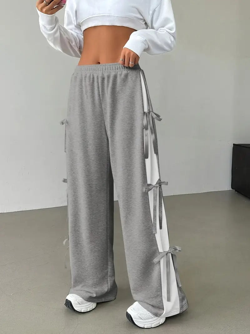 Pack Of 2 - Women’s Baggy Side Tie Wide Leg Trousers – Grey & White with Contrast Panels