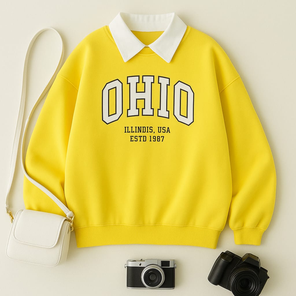 Oversized Yellow Sweatshirt with Classic Collar & Ohio Print