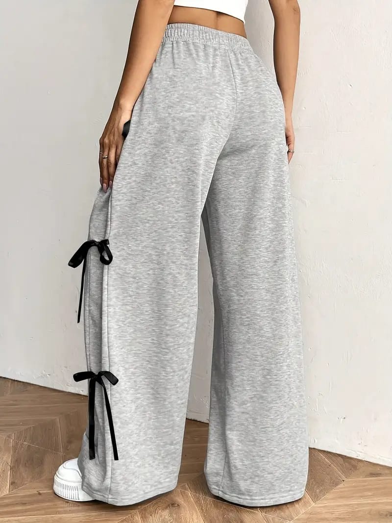 Grey Baggy Wide-Leg Pants with Side Bow Detail – Cozy Meets Cute