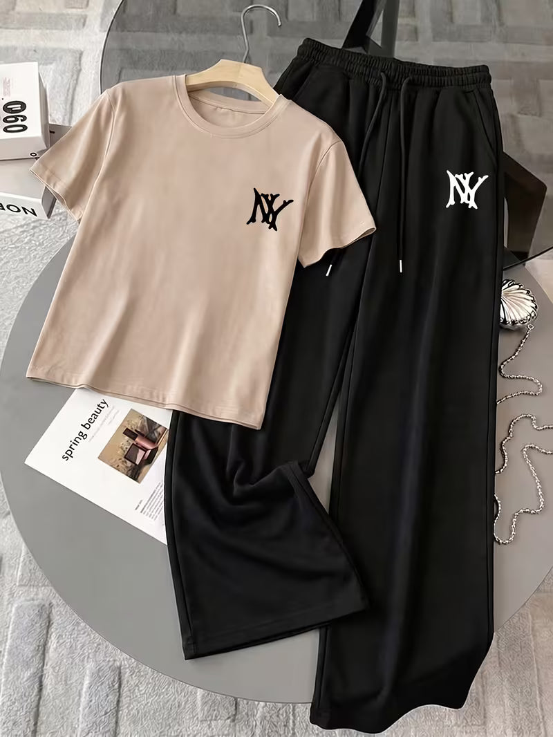 Beige "NY" Graphic Printed Oversized Tee & Black Wide-Leg Trouser Co-ord Set