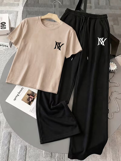 Beige "NY" Graphic Printed Oversized Tee & Black Wide-Leg Trouser Co-ord Set