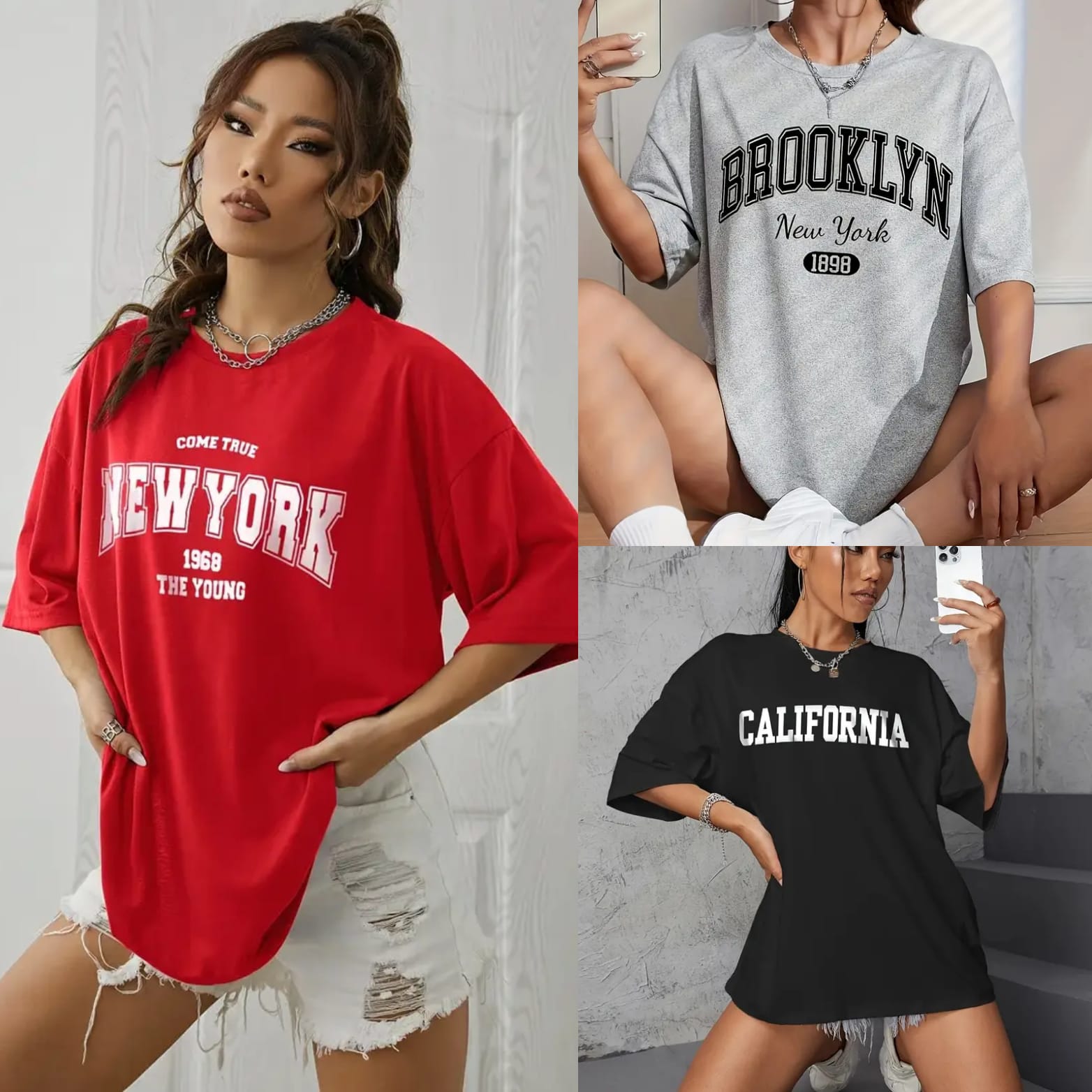 Women's Drop Shoulder Graphic Tees – Pack of 3 (New York, Brooklyn, California)