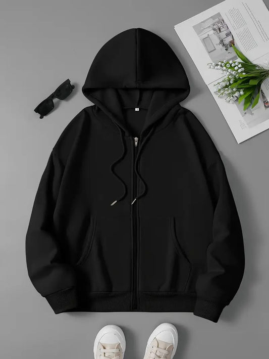 Cozy Winter Stuff Fleece Zip-Up Hoodie - Black