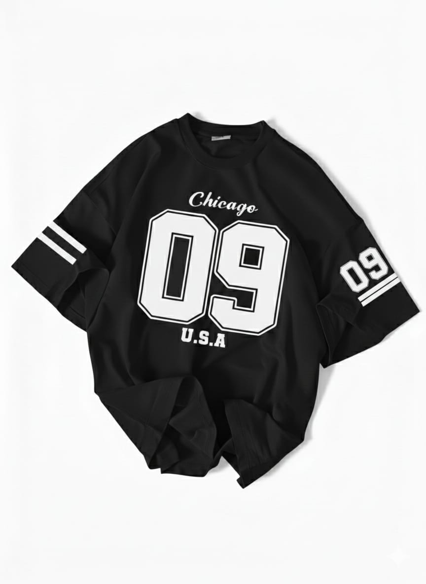 The Urban Essential: Chicago "09" Graphic Oversized Drop-Shoulder Tee - BLACK
