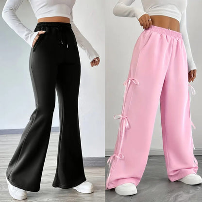 Wide Leg & Flare Style Joggers Pack of 2 – Black Flare & Pink Bow-Tie Lounge Pants