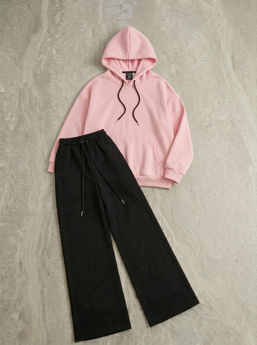 Cozy Ultra-Soft Fleece Hoodie & Black Wide-Leg Baggy Trouser Co-Ord Set