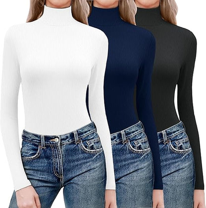 Pack of 3 Women's Classic Ribbed Knit Turtle Neck Tops