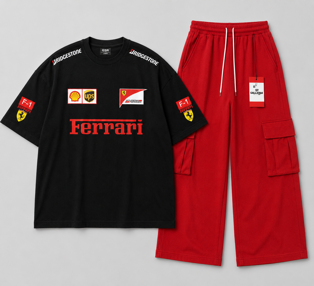Black Ferrari Graphic Oversized Tee & Red Wide Leg Cargo Trouser Coord Set