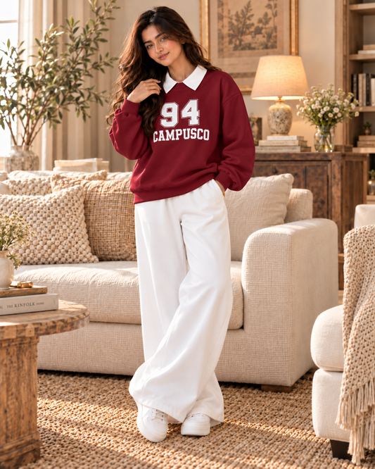 Vintage Collegiate Chic – Maroon Oversized Collared Sweatshirt & White Wide-Leg Trouser Co-Ord