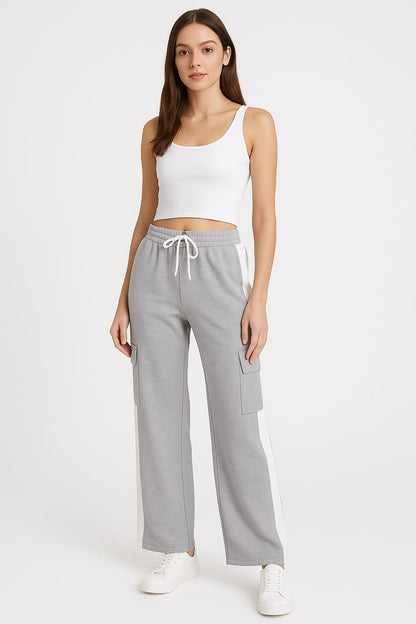 Women's Grey Wide Leg Cargo Jogger Trouser with Side Stripes
