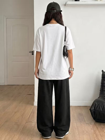 White "NY" Graphic Printed Oversized Tee & Black Wide-Leg Trouser Co-ord Set