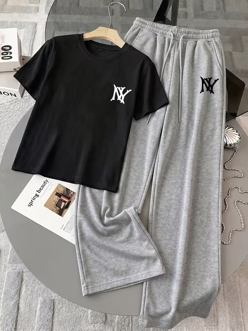 Black "NY" Graphic Printed Oversized Tee & Black Wide-Leg Trouser Co-ord Set